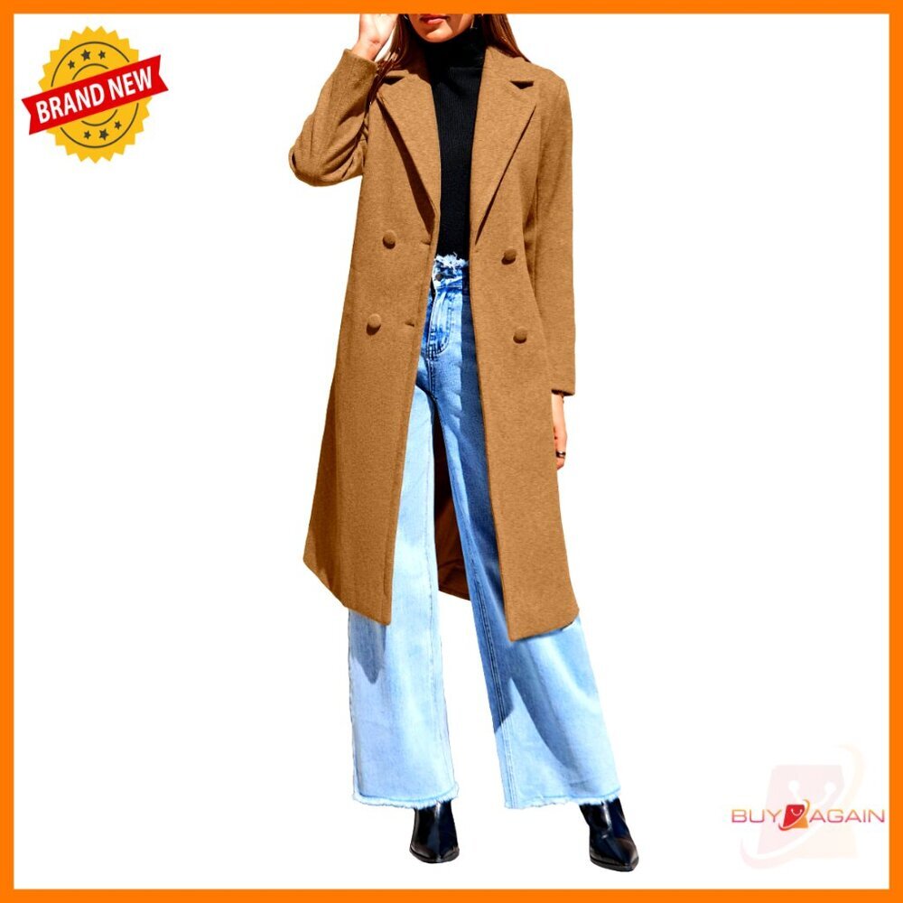 Double Breasted Wool Pea Coat Long Overcoat Lapel Collar Belted Trench